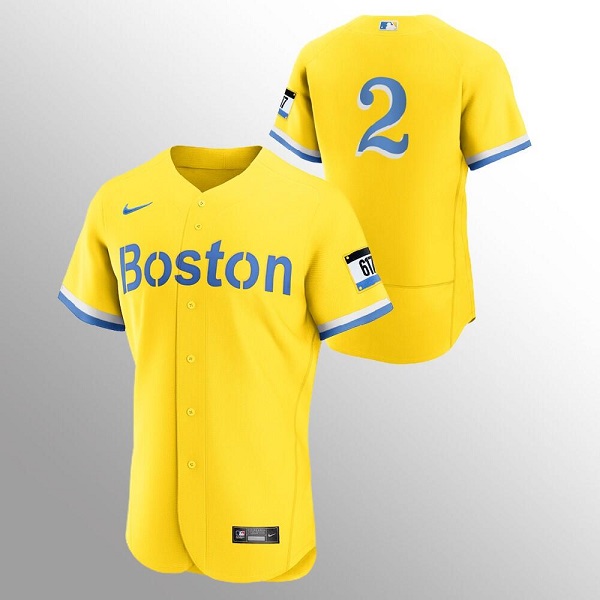 Men's Boston Red Sox #2 Xander Bogaerts Gold MLB 2021 City Connect Flex base Stitched Jersey Men's Boston Red Sox #2 Xander Bogaerts Gold MLB 2021 City Connect Flex base Stitched Jersey